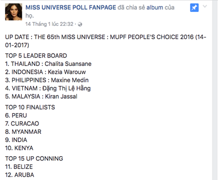 Lệ Hằng lọt top 5 thí sinh được yêu thích nhất tại Hoa hậu Hoàn vũ 2016 le hang lot top 5 thi sinh duoc yeu thich nhat tai hoa hau hoan vu 2016