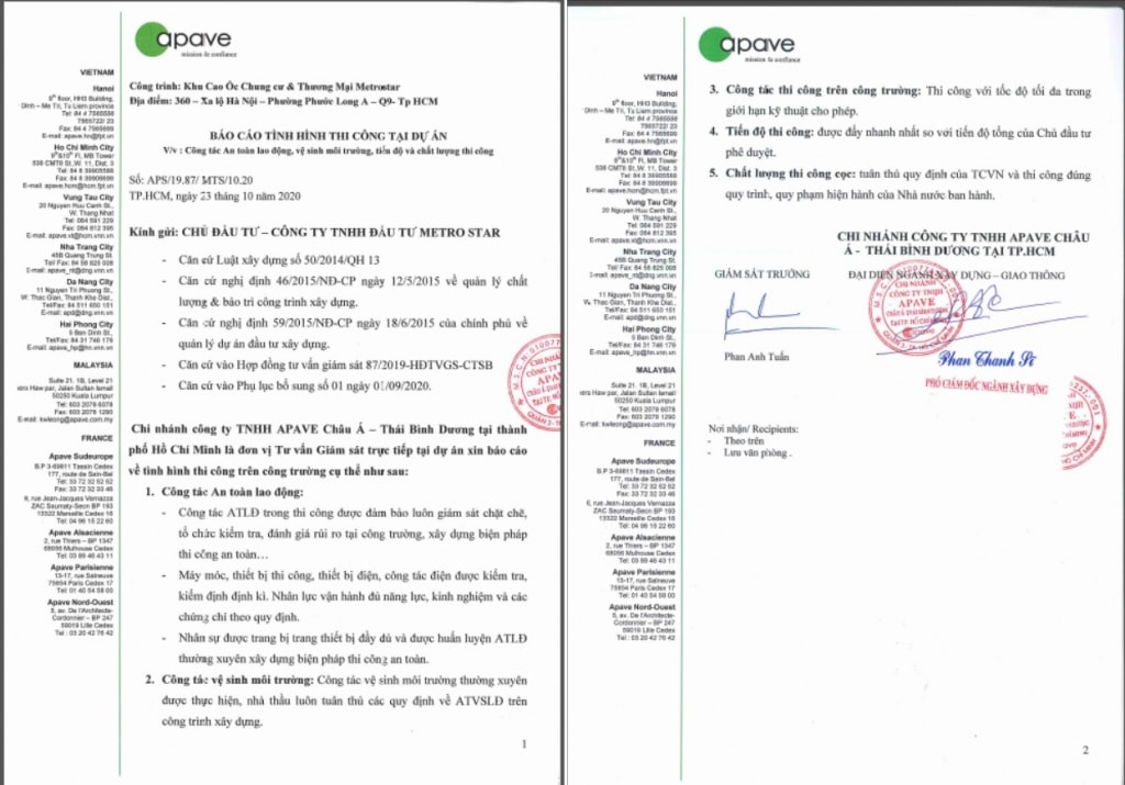 Xác nhận của Apave (Công ty Giám sát nổi tiếng của Cộng hòa Pháp thành lập từ năm 1867) về tiến độ thi công của dự án Metro Star Xác nhận của Apave (Công ty Giám sát nổi tiếng của Cộng hòa Pháp thành lập từ năm 1867) về tiến độ thi công của dự án Metro Star