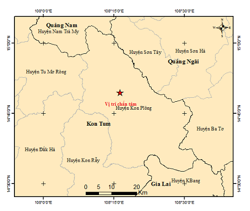 Bản đồ chấn tâm trận động đất vừa xảy ra tại huyện Kon Plông. (Nguồn: Viện VLĐC)