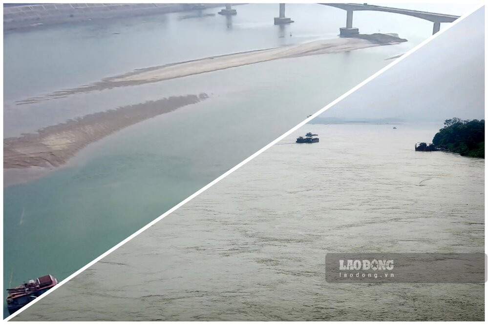 Nước sông che đi những bãi bồi, cồn cát từng lộ ra ở những thời điểm sông cạn trước đó. Ảnh chụp tháng 12.2023 (phía trên bên trái) và hiện tại (phía dưới bên phải): Tô Công.