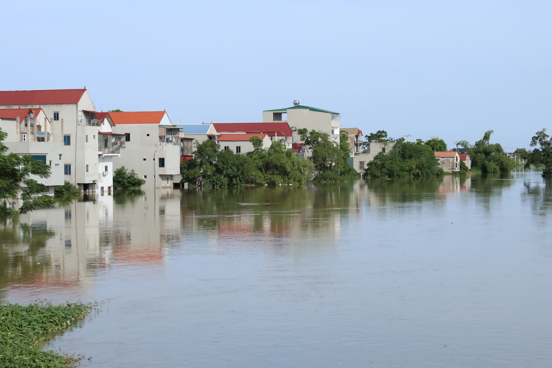 Nhiều khu dân cư vùng ven sông Bùi, thuộc địa bàn huyện Chương Mỹ ngập sâu. Ảnh Bảo Châu