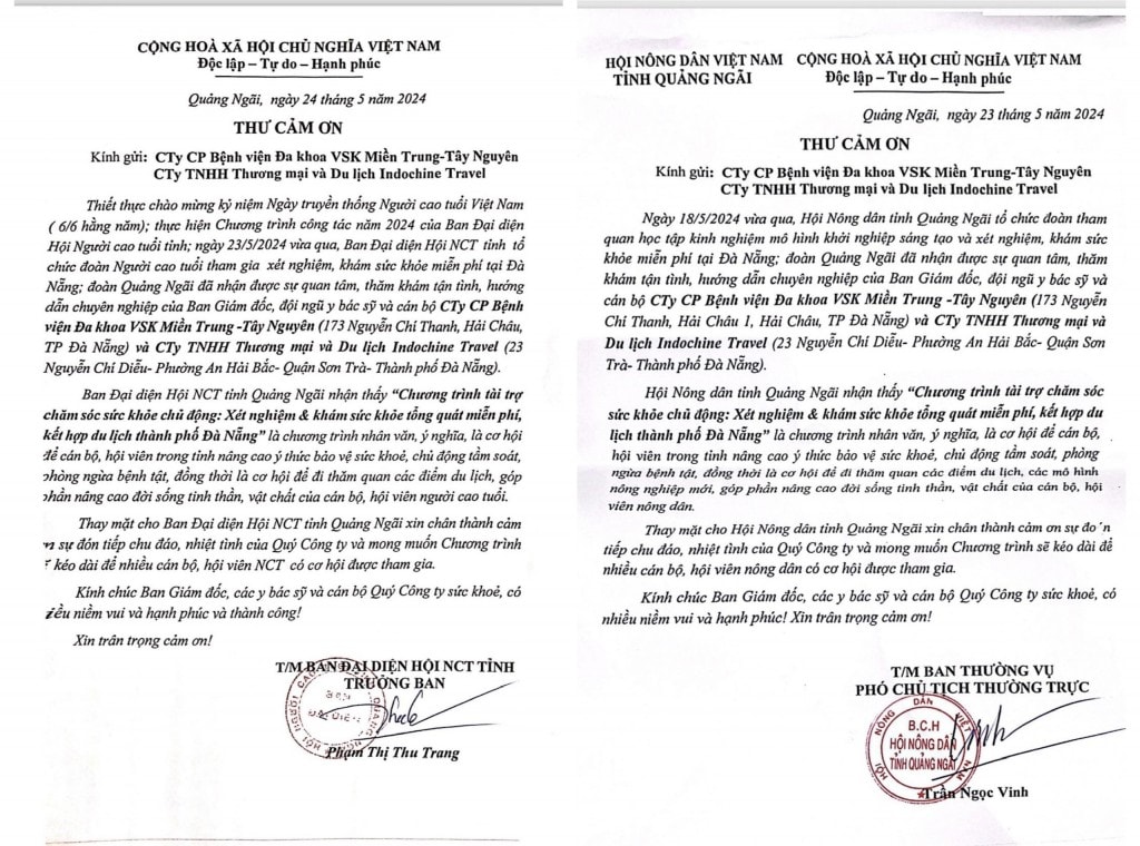 Thư cảm ơn Trung tâm Y khoa Đà Nẵng của Hội Người cao tuổi tỉnh Quảng Ngãi và Hội Nông dân tỉnh Quảng Ngãi 