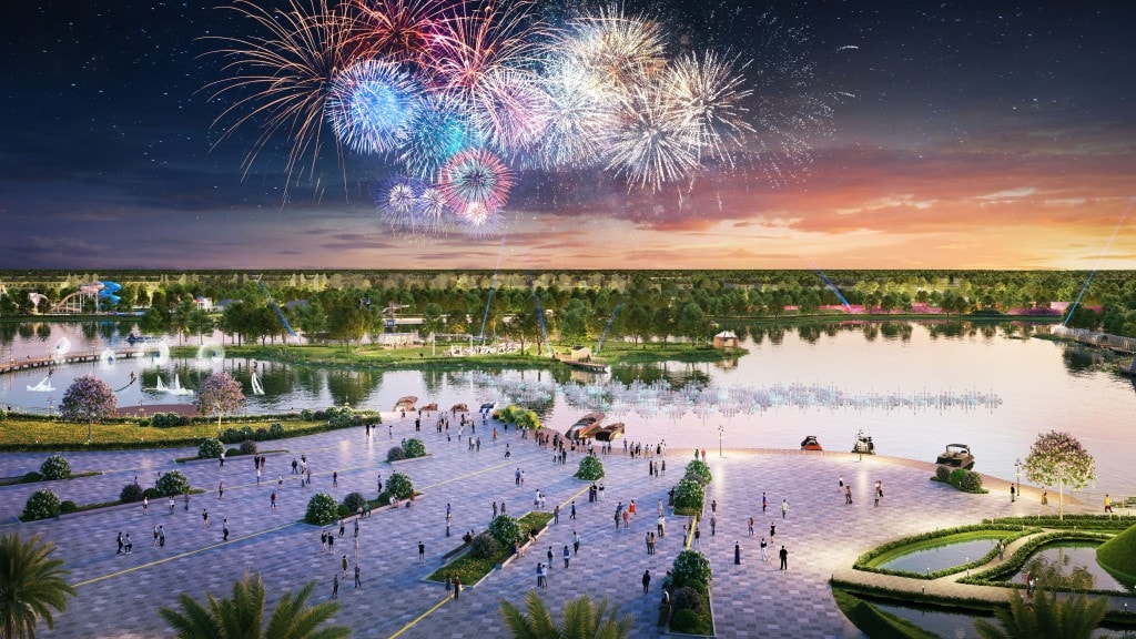 Không gian hồ cảnh quan rộng 16 ha, đảo pháo hoa đậm nét văn hóa tại Công viên văn hóa (Ảnh phối cảnh minh họa)