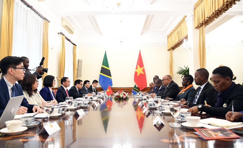 Phó Thủ tướng, Bộ trưởng Ngoại giao Bùi Thanh Sơn hội đàm với Bộ trưởng Ngoại giao và Hợp tác Đông Phi nước Cộng hòa Thống nhất Tanzania Mahmoud Thabit Kombo - Ảnh: VGP/Hải Minh