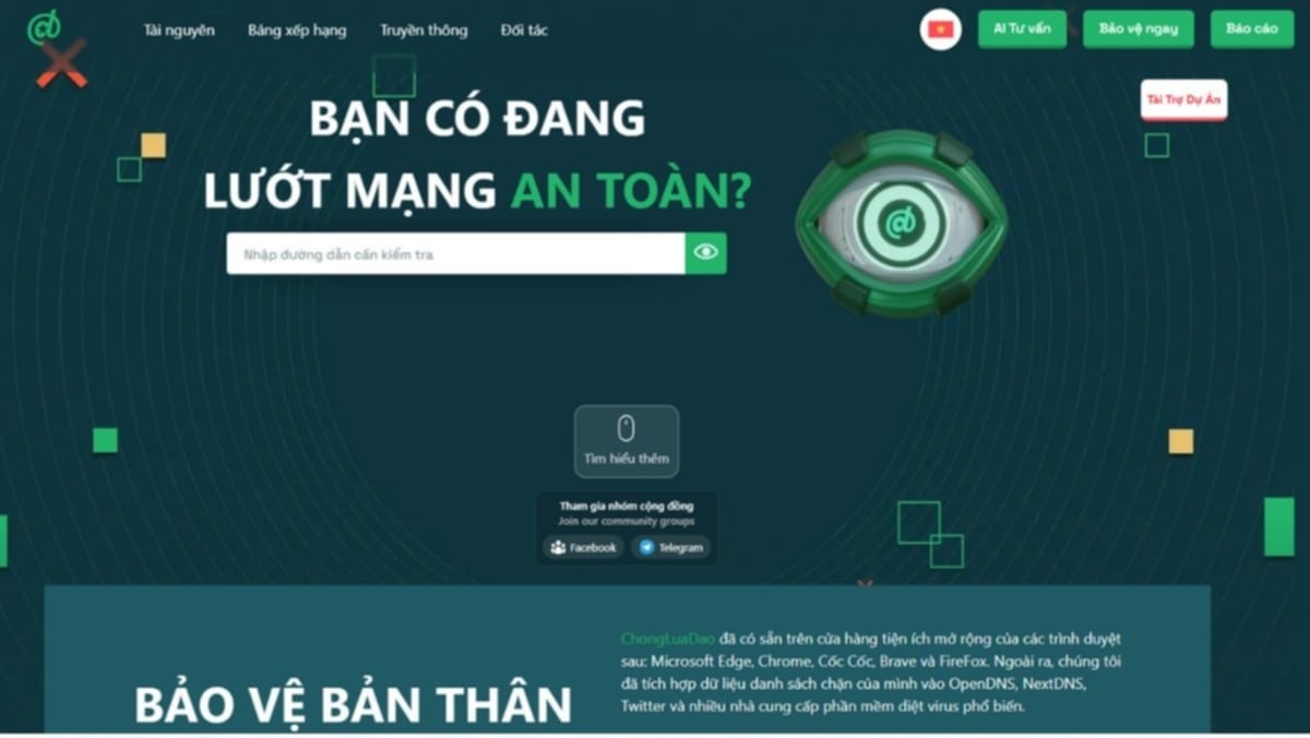 Trang web Chongluadao tích hợp AI giúp phát hiện, nhận diện lừa đảo theo thời gian thực. Ảnh chụp màn hình.