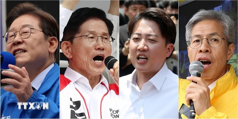 Các ứng viên tranh cử Tổng thống Hàn Quốc (từ trái sang): Lee Jae-myung của đảng Dân chủ Tự do, Kim Moon-soo thuộc đảng Quyền lực Nhân dân, Lee Jun-seok của đảng Cách tân mới và Kwon Young-kook của đảng Công lý. (Ảnh: Yonhap/TTXVN)