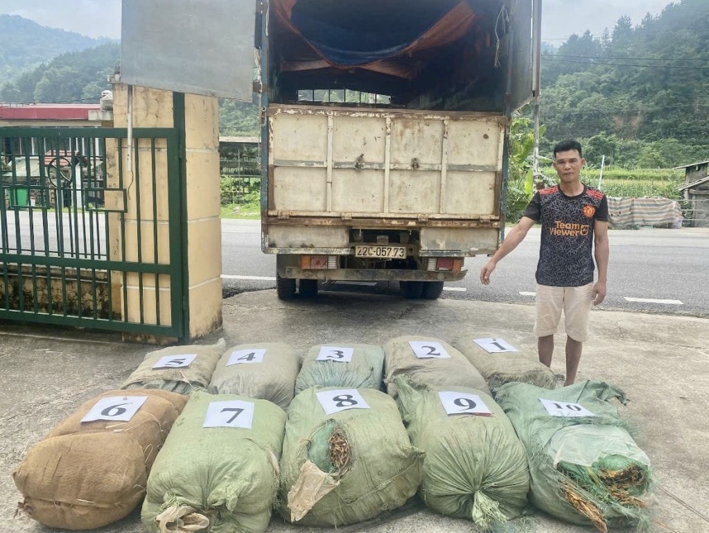 Đối tượng Mùng Văn Tài cùng tang vật bị Đồn Biên phòng Cửa khẩu Sóc Giang bắt giữ.