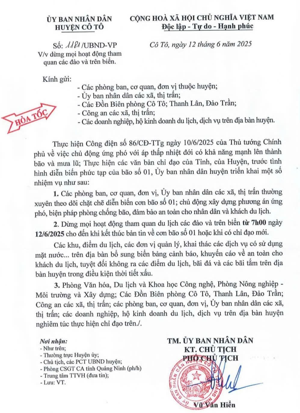 Công văn hỏa tốc của UBND huyện Cô Tô về việc dừng mọi hoạt động tham quan các đảo và trên biển.