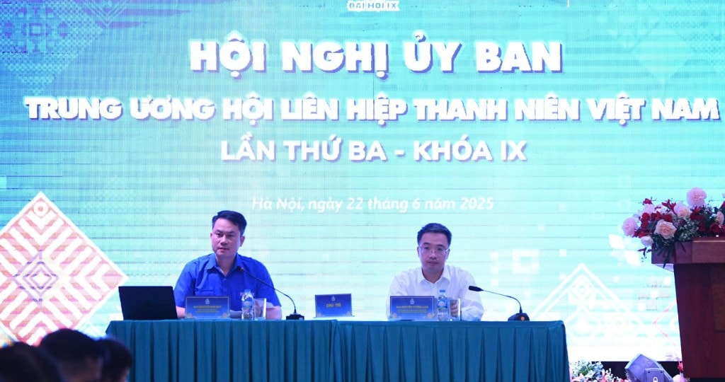 Anh Nguyễn Tường Lâm, Bí thư Trung ương Đoàn, Chủ tịch Trung ương Hội LHTN Việt Nam và anh Nguyễn Kim Quy, Uỷ viên Ban Thường vụ Trung ương Đoàn, Phó Chủ tịch Thường trực Trung ương Hội LHTN Việt Nam chủ trì hội nghị.