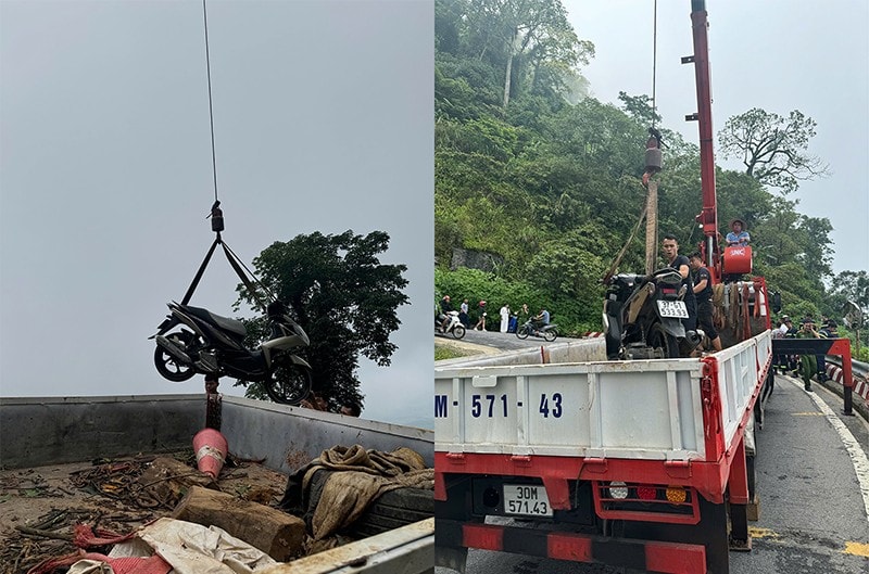 Chiếc xe máy cũng được lực lượng chức năng cẩu lên khỏi vực sâu