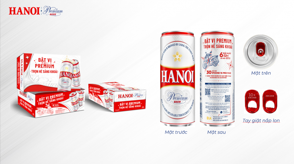 Bao bì Thùng & Lon bia Hanoi Premium có thông tin chương trình khuyến mại (Bao gồm Hình ảnh minh hoạ thùng, mặt trước & mặt sau lon, nắp & khoen lon)
