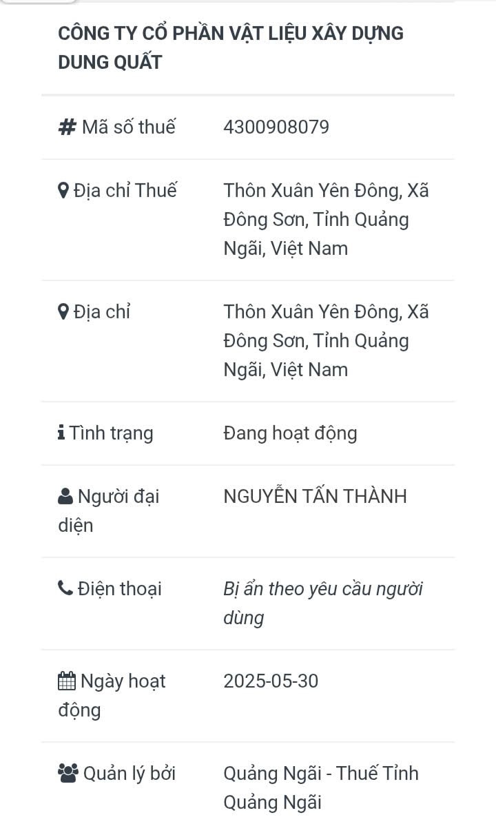 Công ty Cổ phần Vật Liệu Xây Dựng Dung Quất, có địa chỉ tại Xã Đông Sơn, tỉnh Quảng Ngãi được thành lập ngày 30/5/2025 (sau thời điểm Thông báo đấu giá 23/5/2025), 