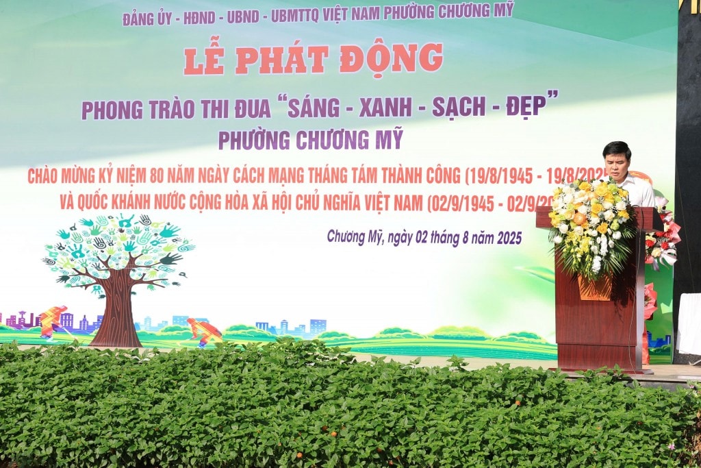 Ông Trịnh Duy Oai, Phó Bí thư Đảng ủy, Chủ tịch UBND phường Chương Mỹ phát biểu tại sự kiện