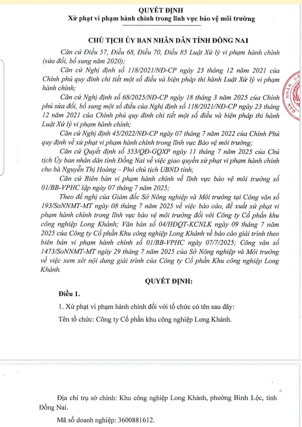Một phần quyết định xử phạt