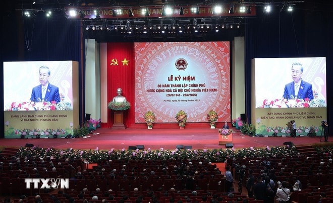 Tổng Bí thư Tô Lâm phát biểu tại Lễ kỷ niệm 80 năm thành lập Chính phủ. (Ảnh: Thống Nhất/TTXVN)