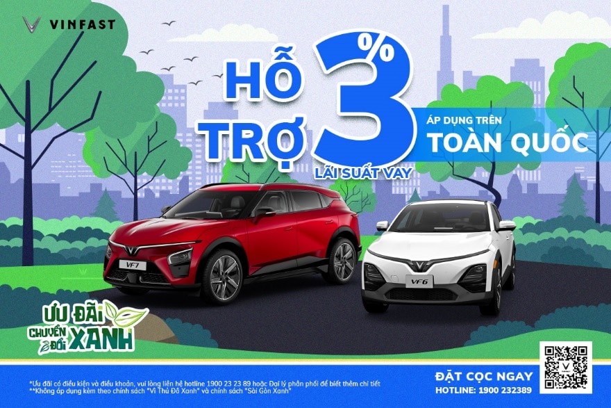 Ngoài mức ưu đãi 4% giá niêm yết theo chương trình “Mãnh liệt Tinh thần Việt Nam - Vì tương lai xanh” lần 3, khách hàng sẽ được hỗ trợ 3% lãi suất/năm nếu vay mua ô tô trả góp phục vụ nhu cầu cá nhân, và hỗ trợ 4% lãi suất/năm nếu vay mua ô tô để vận doanh trên nền tảng Xanh SM Platform, thời gian hỗ trợ kéo dài trong 3 năm Ngoài mức ưu đãi 4% giá niêm yết theo chương trình “Mãnh liệt Tinh thần Việt Nam - Vì tương lai xanh” lần 3, khách hàng sẽ được hỗ trợ 3% lãi suất/năm nếu vay mua ô tô trả góp phục vụ nhu cầu cá nhân, và hỗ trợ 4% lãi suất/năm nếu vay mua ô tô để vận doan