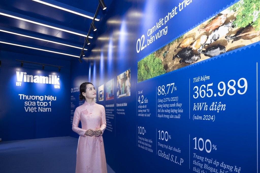 Không chỉ là nơi trưng bày sản phẩm, Vinamilk còn lồng ghép các thông tin về hành trình phát triển của doanh nghiệp – từ những ngày đầu thành lập đến vị thế là Thương hiệu Quốc gia hiện nay, đồng hành sự phát triển của đất nước. Khách tham quan tìm hiểu hành trình phát triển của thương hiệu sữa top 1 Việt Nam. (Ảnh: Vi Nam)