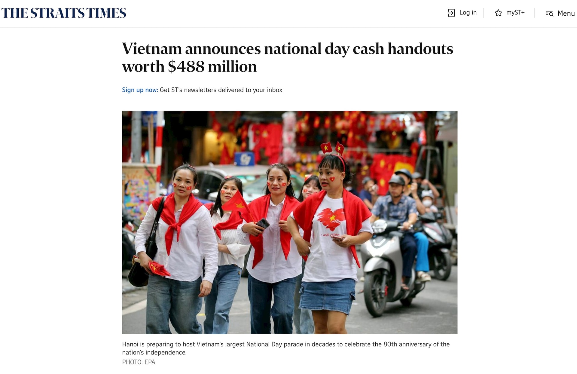 ទីភ្នាក់ងារសារព័ត៌មាន The Straits Times Singapore បានរាយការណ៍អំពីពិធីអបអរសាទរខួបលើកទី 80 នៃទិវាជាតិរបស់ប្រទេសវៀតណាម។-Photo-Shot-on-Screen.jpg