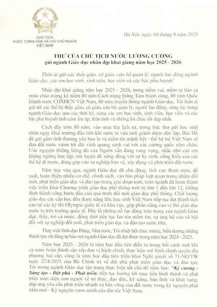 Thư của Chủ tịch nước Lương Cường gửi ngành Giáo dục dịp khai giảng năm học mới