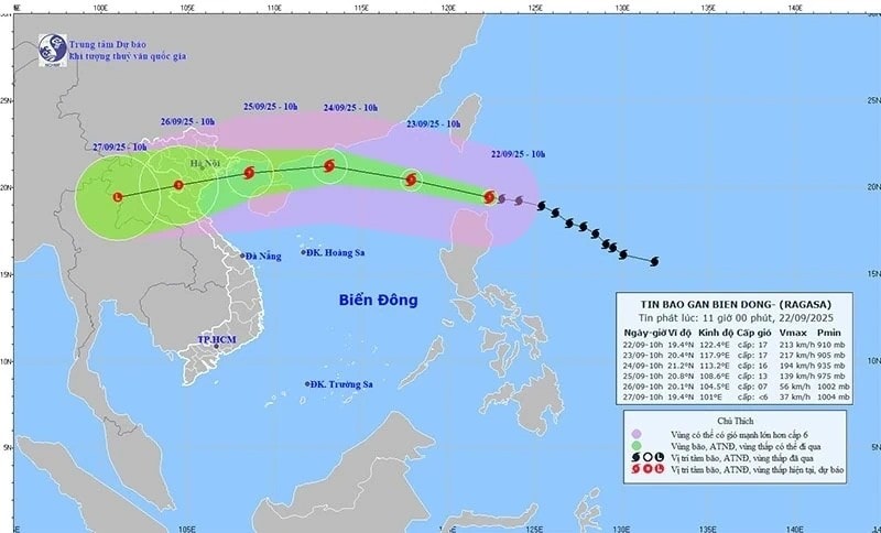 Vị trí và đường đi của bão. (Nguồn: Trung tâm Dự báo Khí tượng Thủy văn Quốc gia)