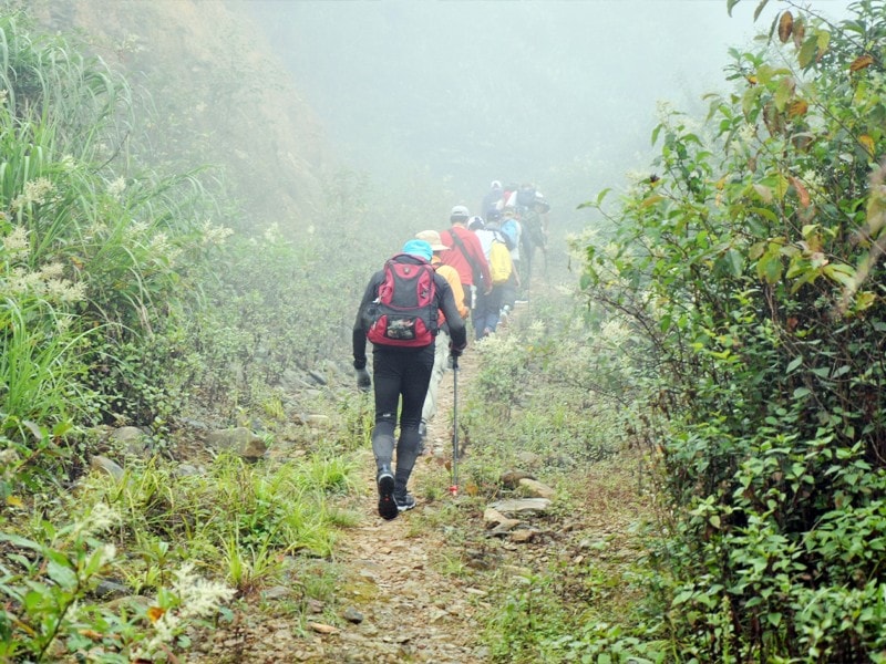 Chặng đường đi bộ leo núi có chiều dài gần 20 km lẫn trong sương mù dày đặc, thi thoảng đổ xuống những cơn mưa rừng. Ảnh: Công Kiên