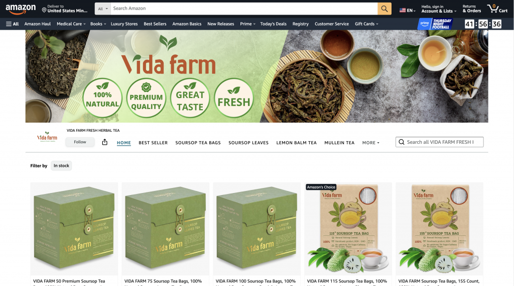 Gian hàng Vida Farm trên Amazon cho thấy nỗ lực của thương hiệu trong việc nâng tầm nông sản Việt, mang đến diện mạo cao cấp và chỉn chu qua từng hình ảnh sản phẩm được đăng tải.