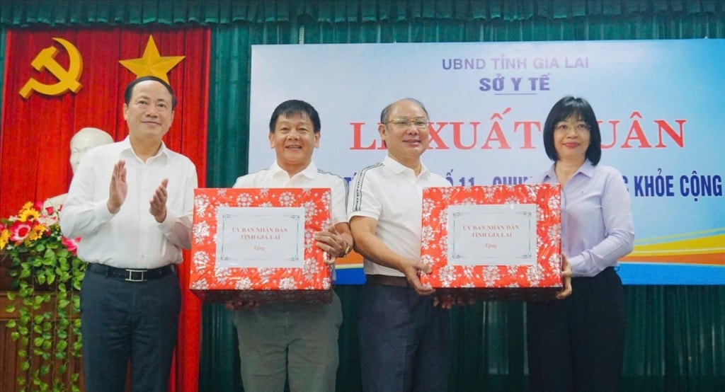 Chủ tịch UBND tỉnh Gia Lai Phạm Anh Tuấn (bên trái) và Phó Chủ tịch UBND Nguyễn Thị Thanh Lịch (bên phải) tặng quà động viên đại diện đoàn y tế