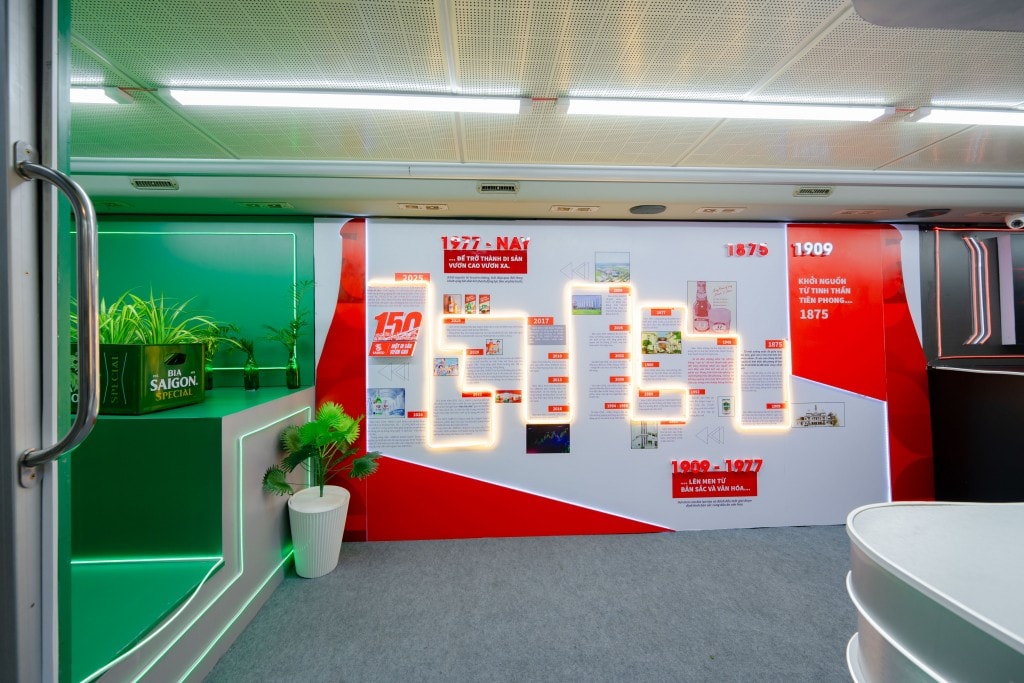 Các khu trưng bày trên mô hình xe buýt di sản để khám phá sâu hơn về hành trình phát triển 150 năm của SABECO gắn bó cùng ngành bia Việt