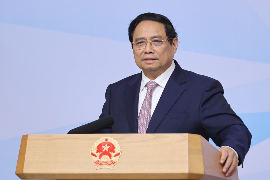 Thủ tướng Phạm Minh Chính phát biểu kết luận Hội nghị về thành lập Trung tâm tài chính quốc tế tại Việt Nam - Ảnh: VGP/Nhật Bắc