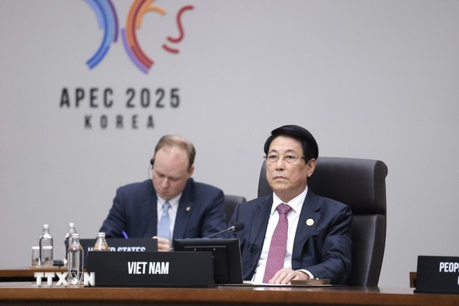 Chủ tịch nước Lương Cường dự Phiên họp thứ 2 Hội nghị Cấp cao APEC lần thứ 32 . (Ảnh: Lâm Khánh/TTXVN)