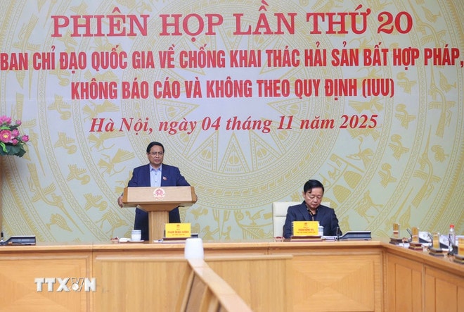Thủ tướng Phạm Minh Chính chủ trì Phiên họp thứ 20 của Ban Chỉ đạo Quốc gia về chống khai thác hải sản bất hợp pháp. (Ảnh: Dương Giang/TTXVN) ttxvn-thu-tuong-bcd-quoc-gia-ve-chong-khai-thac-hai-san-iuu-3.jpg
