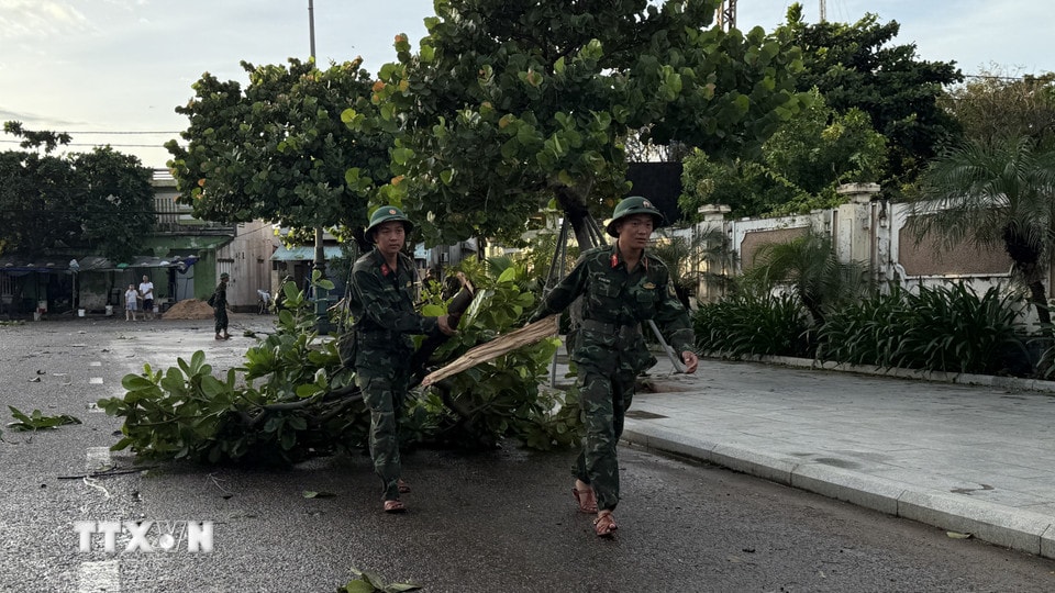 Lực lượng quân sự thu dọn cây xanh ngã trên đường Độc Lập, phường Tuy Hòa. (Ảnh: Tường Quân/TTXVN)