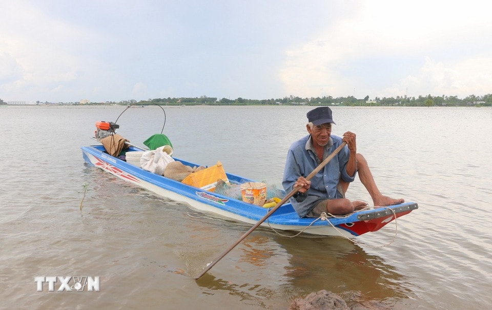 Người dân An Giang đánh bắt cá trên cánh đồng ngập lũ thuộc xã Vĩnh Xương, tỉnh An Giang. (Ảnh: Công Mạo/TTXVN)