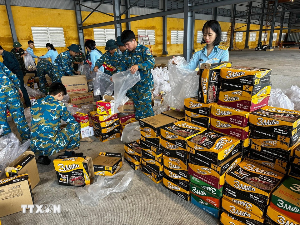 Hàng hóa, lương thực, thực phẩm, nhu yếu phẩm được vận chuyển, sắp xếp lên máy bay. (Ảnh: Trần Lê Lâm/TTXVN)
