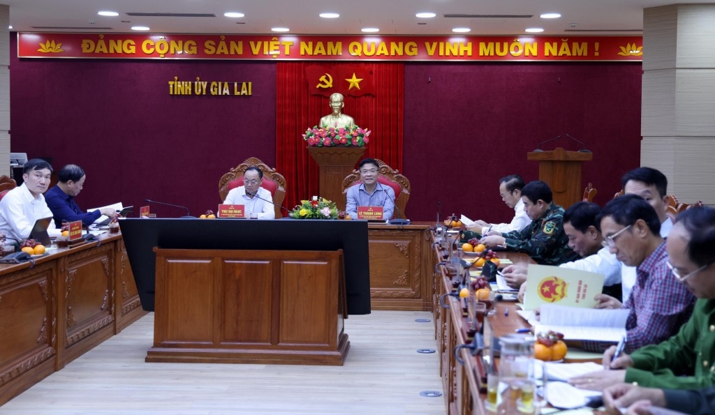 Trong chuyến công tác, Phó Thủ tướng Lê Thành Long đã làm việc với lãnh đạo tỉnh Gia Lai về công tác khắc phục hậu quả thiên tai - Ảnh: VGP/Đức Tuân
