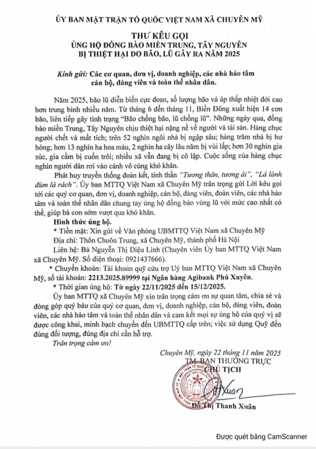 Xã Chuyên Mỹ kêu gọi chia sẻ với đồng bào miền Trung, Tây Nguyên bị ảnh hưởng bởi lũ, lụt. Ảnh: ST