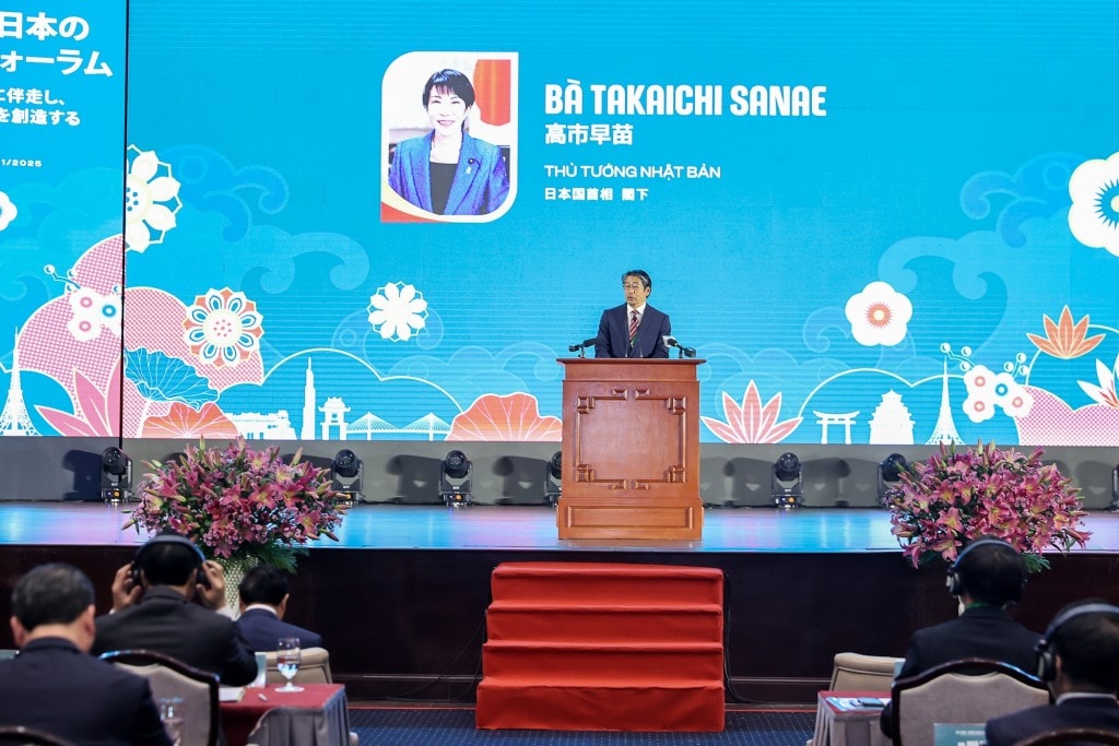 Thủ tướng Nhật Bản Takaichi Sanae gửi thông điệp tới Diễn đàn - Ảnh: VGP/Nhật Bắc
