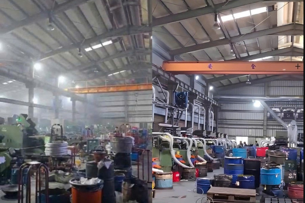Hình ảnh nhà xưởng (a) trước và (b) sau khi xử lý với hệ thống xử lý khí thải của Halo