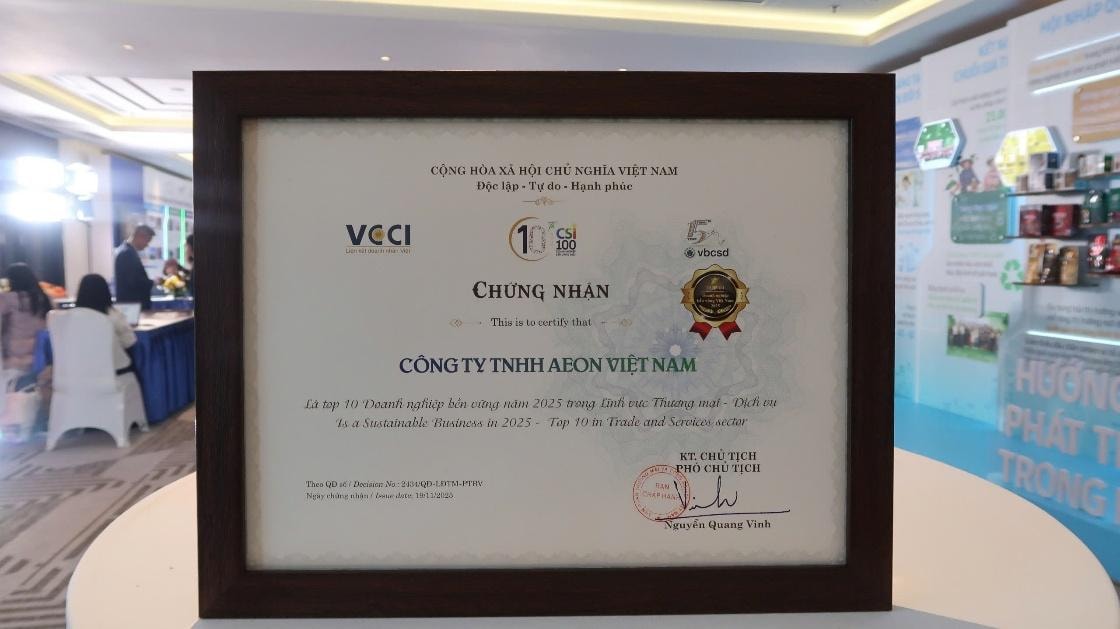 Danh hiệu Top 3 doanh nghiệp bền vững lĩnh vựcthương mại - dịch vụ củng cố vị thế tiên phong của AEON Việt Nam trong hành trình kiến tạo doanh nghiệp phát triển bền vững.