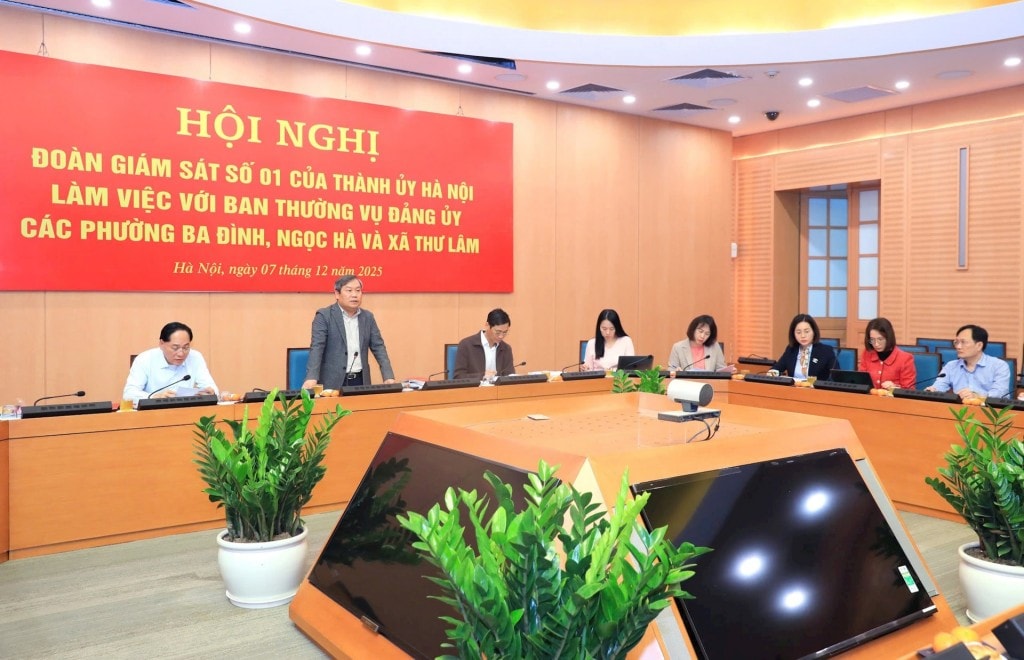 Đoàn giám sát số 01 của Thành ủy Hà Nội làm việc với Ban Thường vụ Đảng ủy phường Ngọc Hà. Ảnh: T.Hải