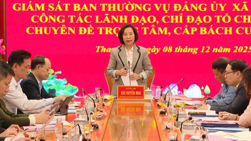 đồng chí Bùi Huyền Mai - Ủy viên Ban Thường vụ Thành ủy, Chủ tịch Ủy ban MTTQ Việt Nam thành phố Hà Nội kết luận buổi làm việc với xã Thanh Trì