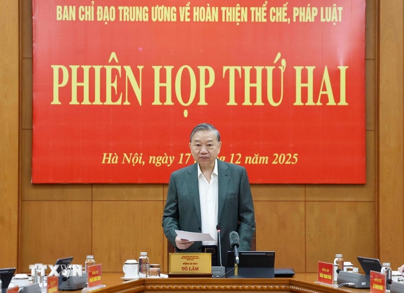 Tổng Bí thư Tô Lâm phát biểu tại phiên họp thứ hai của Ban Chỉ đạo Trung ương về hoàn thiện thể chế, pháp luật. (Ảnh: Thống Nhất/TTXVN)