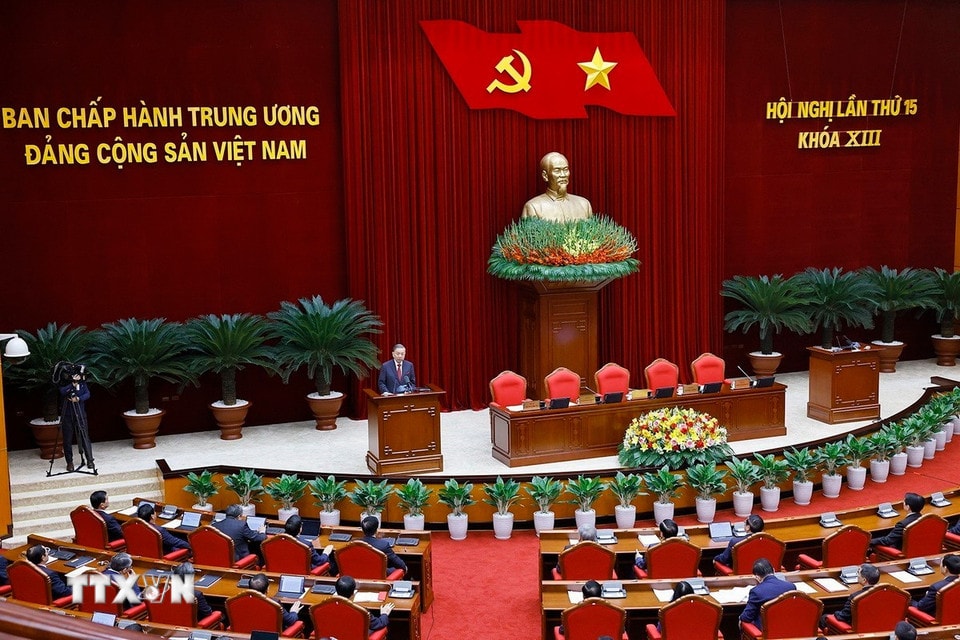 Tổng Bí thư Tô Lâm phát biểu bế mạc Hội nghị lần thứ 15 Ban Chấp hành Trung ương khóa XIII. (Ảnh: Doãn Tấn/TTXVN)