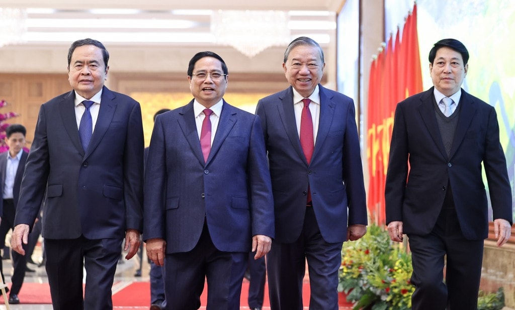 Tổng Bí thư Tô Lâm, Chủ tịch nước Lương Cường, Thủ tướng Chính phủ Phạm Minh Chính, Chủ tịch Quốc hội Trần Thanh Mẫn tới dự Hội nghị toàn quốc Chính phủ và chính quyền địa phương - Ảnh: VGP/Nhật Bắc