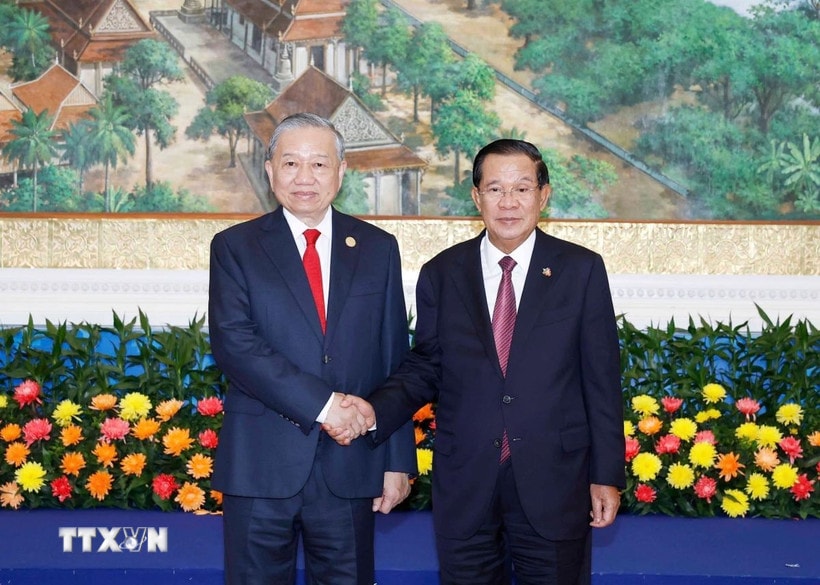 Tổng Bí thư Tô Lâm và Chủ tịch Đảng Nhân dân Campuchia Hun Sen. (Ảnh: Thống Nhất/TTXVN)