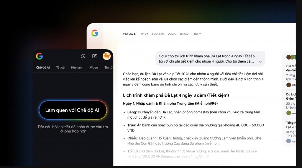 03. Gợi ý cho tôi lịch trình khám phá Đà Lạt trong 4 ngày Tết sắp tới với chi phí tiết kiệm cho nhóm 4 người. Cho tôi thêm cả danh sách những thứ cần chuẩn bị và lưu ý trước khi đi