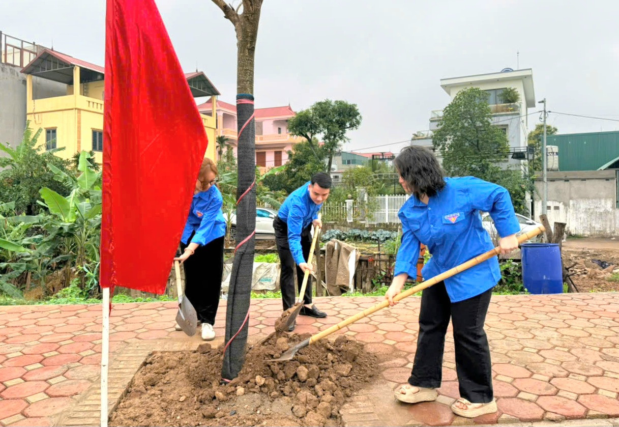 Các đại biểu tham gia trồng cây tại buổi lêz phát động. Ảnh: Sơn Nguyễn