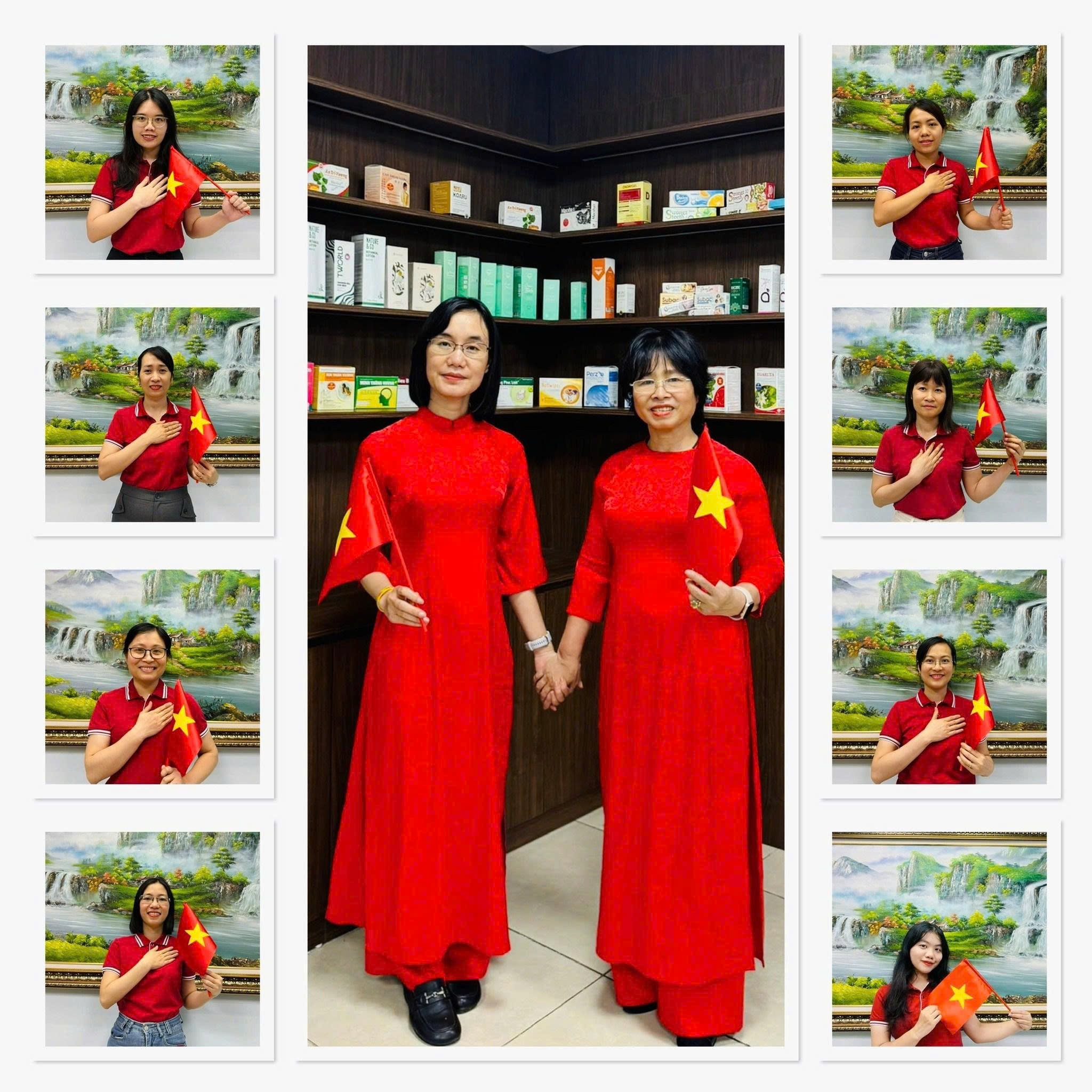 Người lao động Công ty TNHH Tư vấn Y dược Quốc tế IMC mặc áo cờ đỏ sao vàng, mang cờ Tổ quốc trong buổi sinh hoạt dưới cờ, thể hiện tinh thần đoàn kết và niềm tự hào dân tộc. An