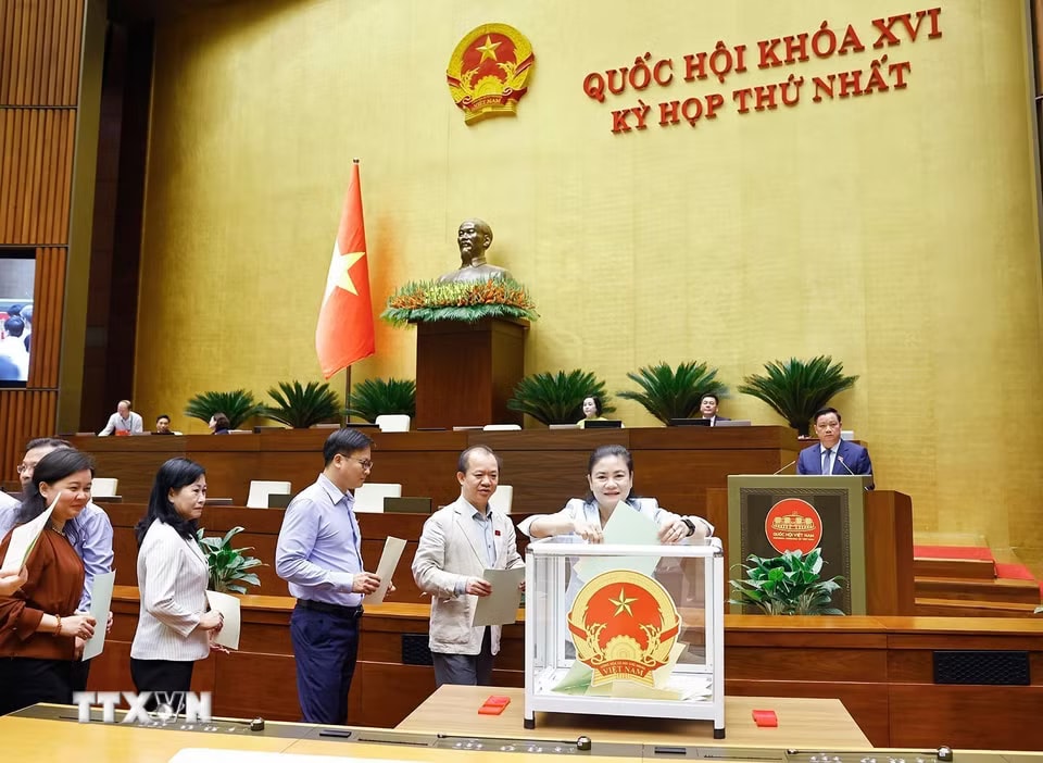 Đại biểu Quốc hội bỏ phiếu phê chuẩn Thẩm phán Tòa án nhân dân Tối cao, Phó Thủ tướng Chính phủ, Bộ trưởng và thành viên khác của Chính phủ. (Ảnh: Doãn Tấn/TTXVN)