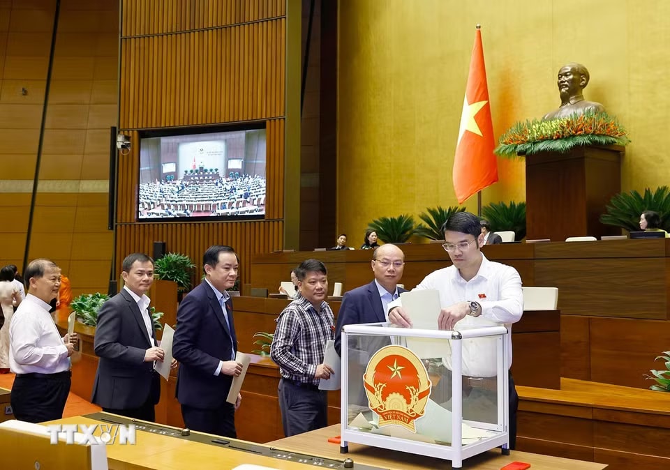 Đại biểu Quốc hội bỏ phiếu phê chuẩn Thẩm phán Tòa án nhân dân Tối cao, Phó Thủ tướng Chính phủ, Bộ trưởng và thành viên khác của Chính phủ. (Ảnh: Doãn Tấn/TTXVN)